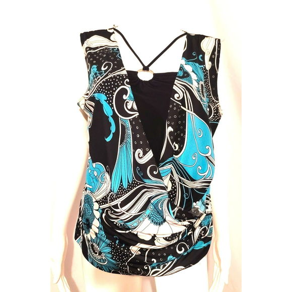 Marianne Sleeveless Black & Teal Blouse with Built-in Halter Top - Size Large - Picture 1 of 8